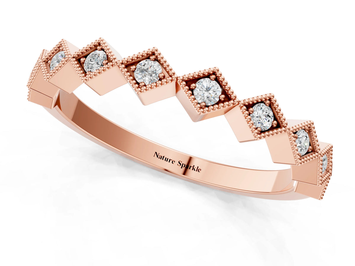 Rose gold Milgrain Diamond Geometric Stackable Band with Round Cut Stones and Bezel Setting
