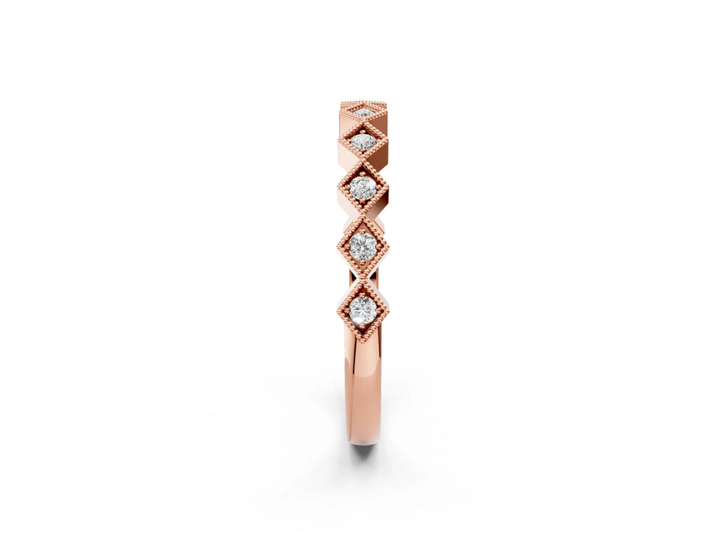 Rose gold Milgrain Diamond Geometric Stackable Band with Round Cut Stones and Bezel Setting