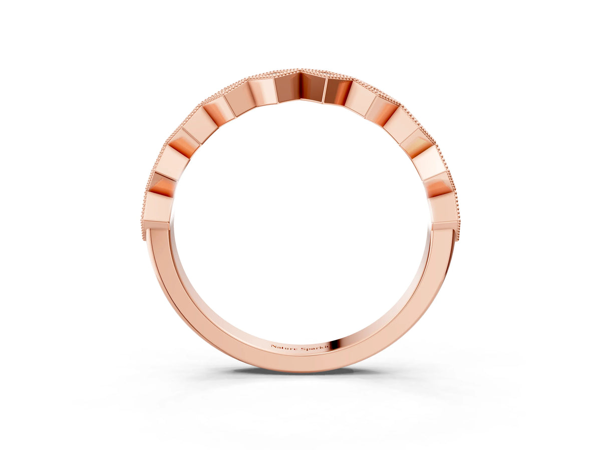 Rose gold Milgrain Diamond Geometric Stackable Band with Round Cut Stones and Bezel Setting