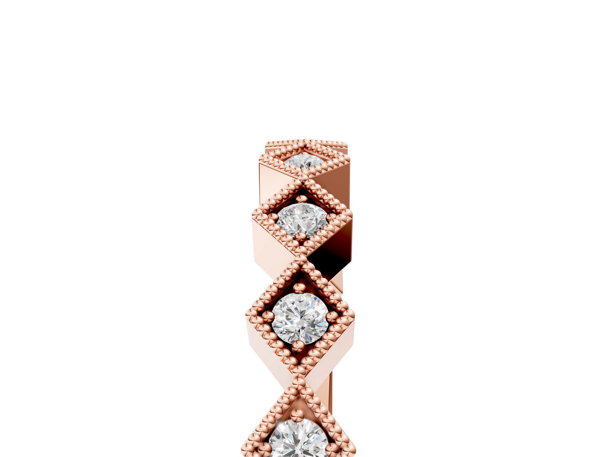 Rose gold Milgrain Diamond Geometric Stackable Band with Round Cut Stones and Bezel Setting