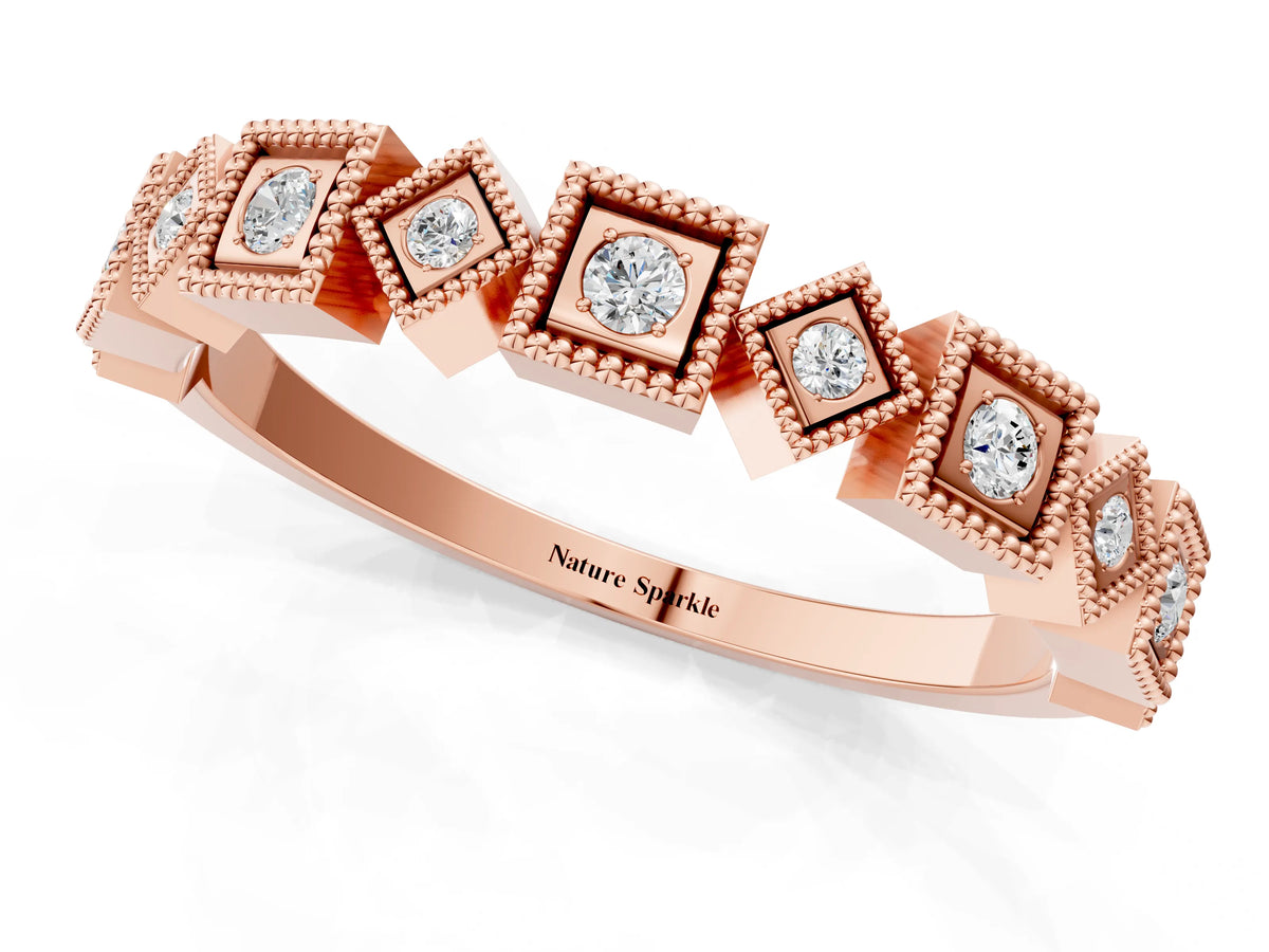 Rose gold Milgrain Square Diamond Eternity Band with Bezel Setting