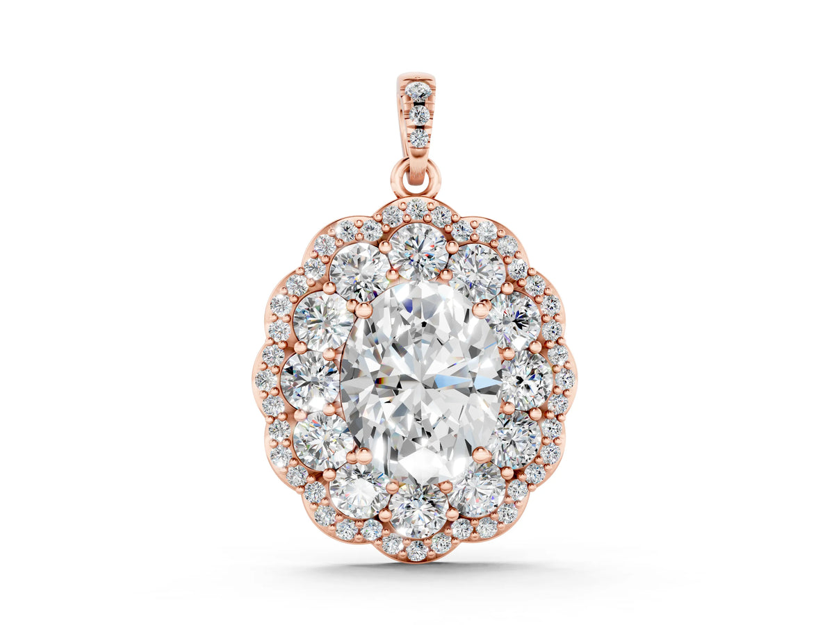 Rose gold Oval Diamond Floral Halo Pendant with Diamond Accents