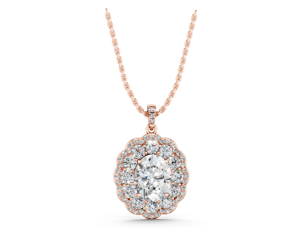 Rose gold Oval Diamond Floral Halo Pendant with Diamond Accents