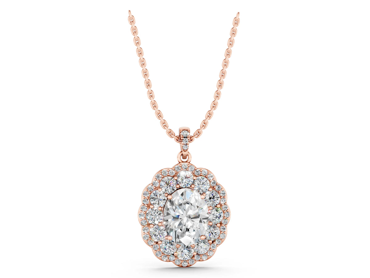 Rose gold Oval Diamond Floral Halo Pendant with Diamond Accents