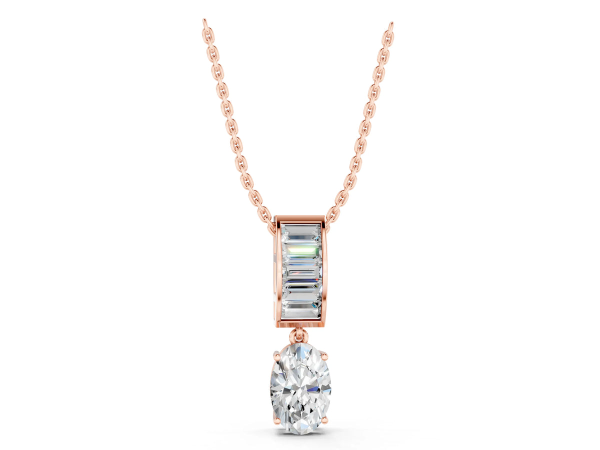 Rose gold Oval and Baguette Diamond Drop Pendant