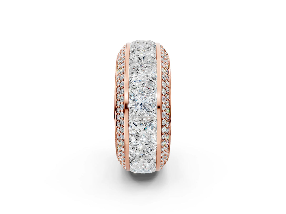 Rose gold Princess Diamond Pavé Mens Wedding Band with Round Diamond Accents