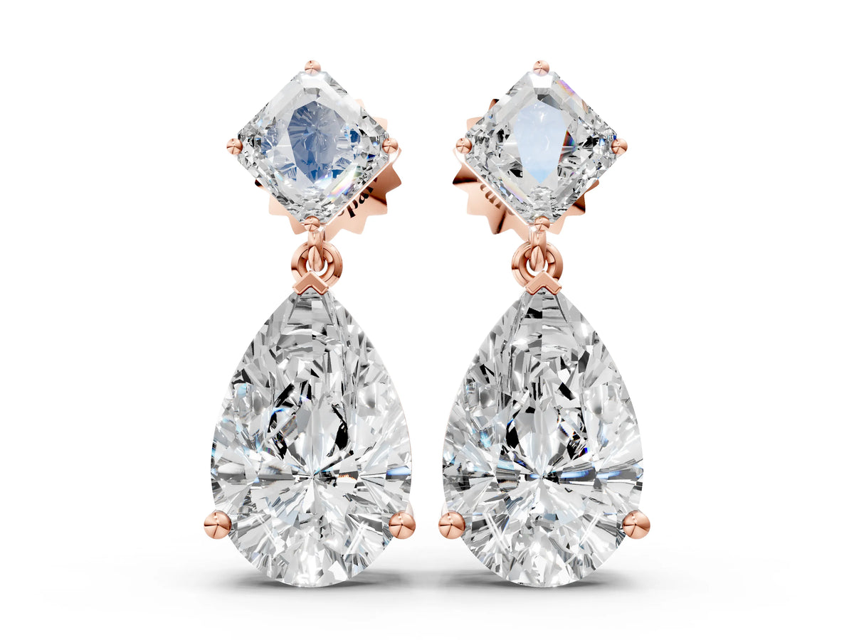 Rose gold Princess and Pear Diamond Drop Earrings