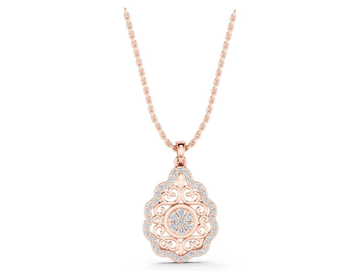 Rose gold Round Diamond Halo Pendant with Filigree Design