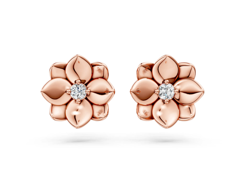 Rose gold Round Diamond Magnolia Floral Stud Earrings