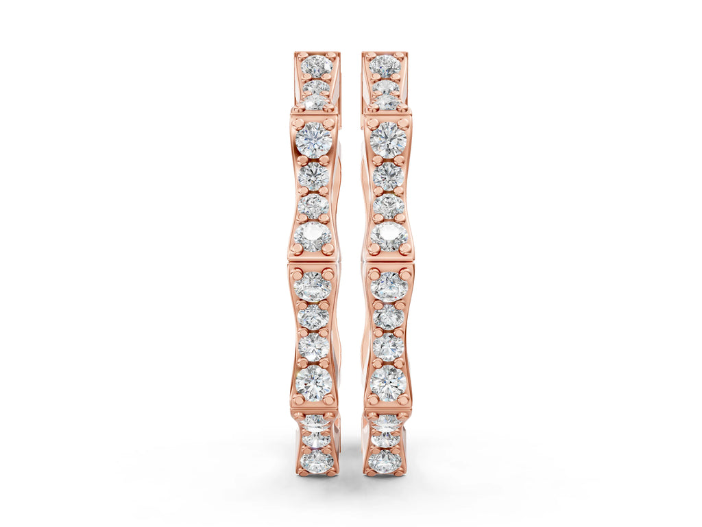 Rose gold Round Diamond Pavé Bamboo Hoop Earrings with Four-Prong Setting