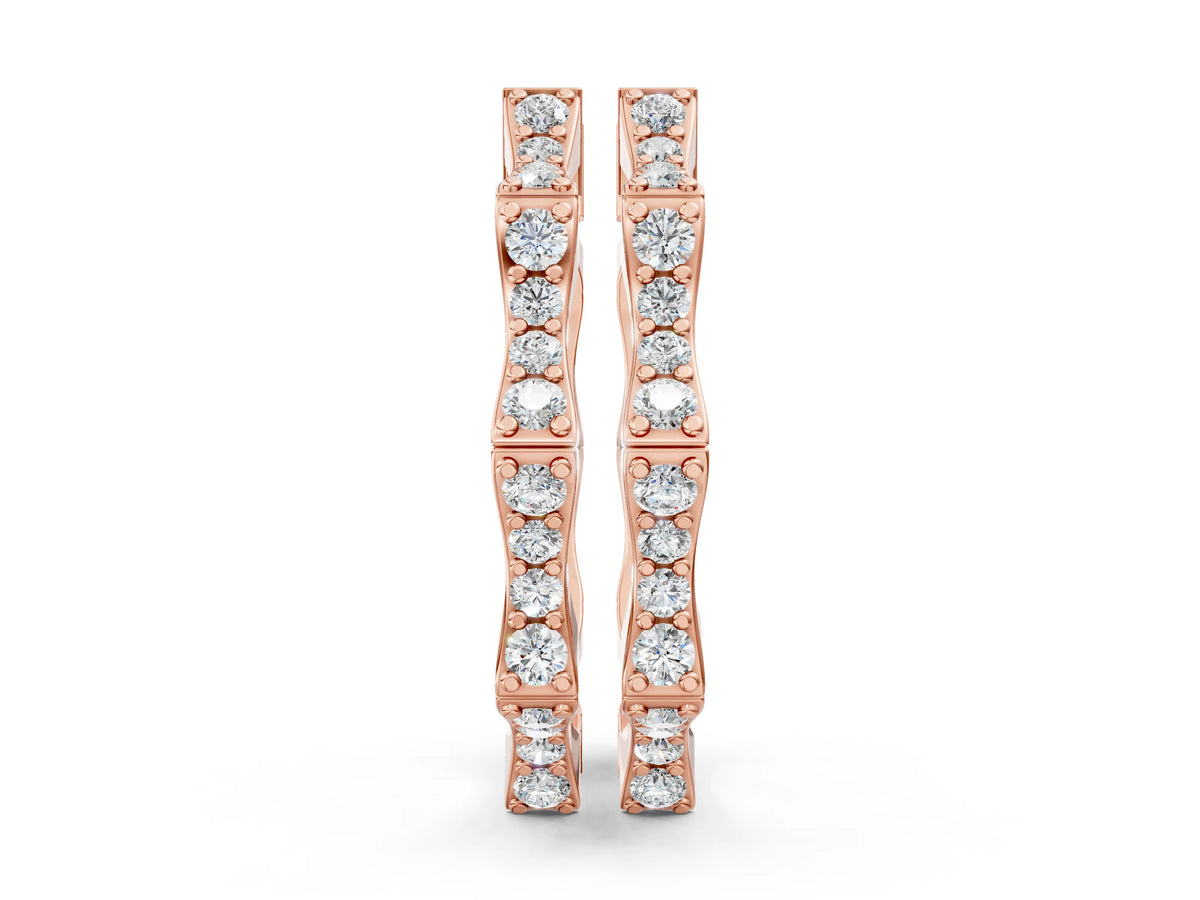 Rose gold Round Diamond Pavé Bamboo Hoop Earrings with Four-Prong Setting