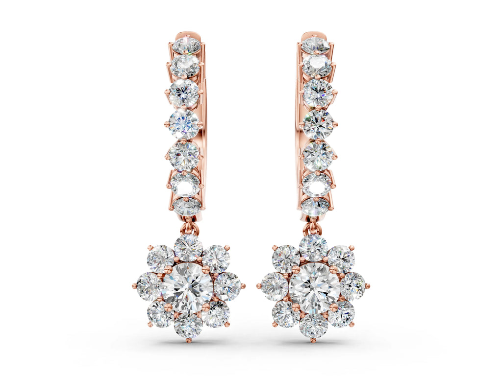 Rose gold Round Diamond Petite Hoop Earrings with Sunflower Drop