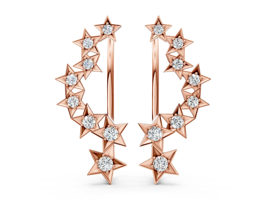 Rose gold Star Cluster Diamond Crescent Earrings with Round Cut Stones on a Curved Band and Prong Setting