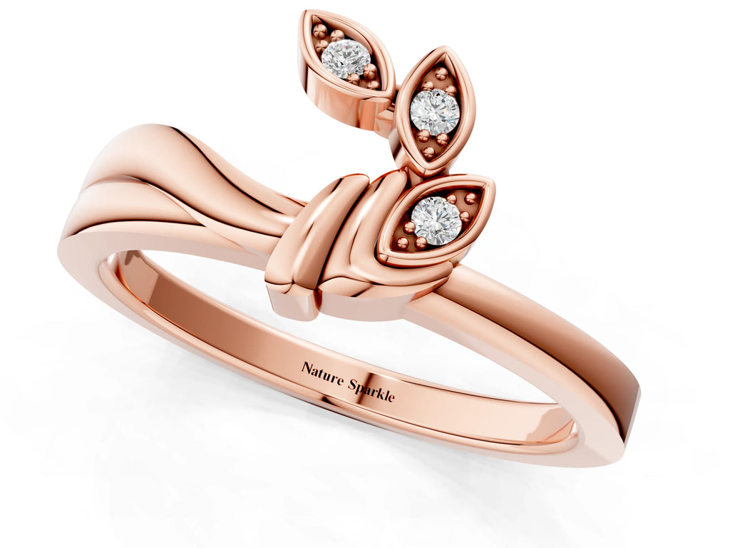 Rose gold Three-Stone Round Diamond Leaf Bypass Ring with Bezel Setting