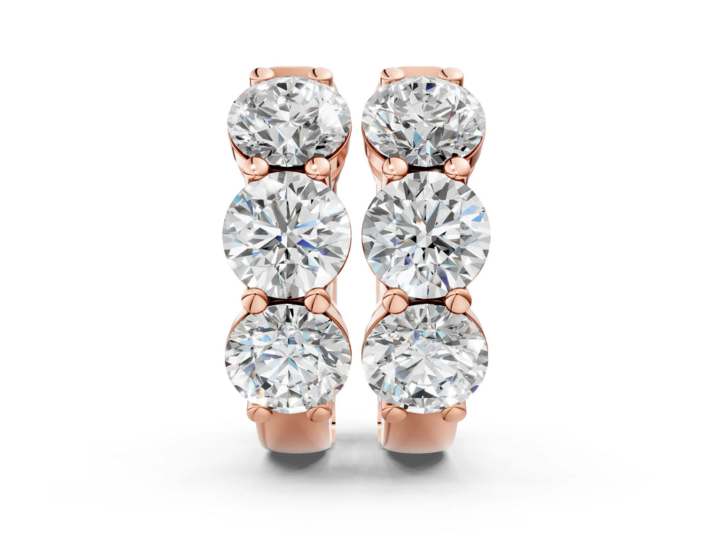 Rose gold Triple Round Diamond Huggie Earrings with Prong Setting