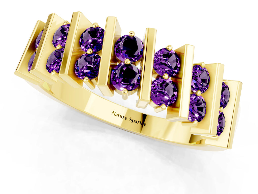 Round Amethyst Anniversary Band in Yellow gold with Channel Setting and Vertical Prongs