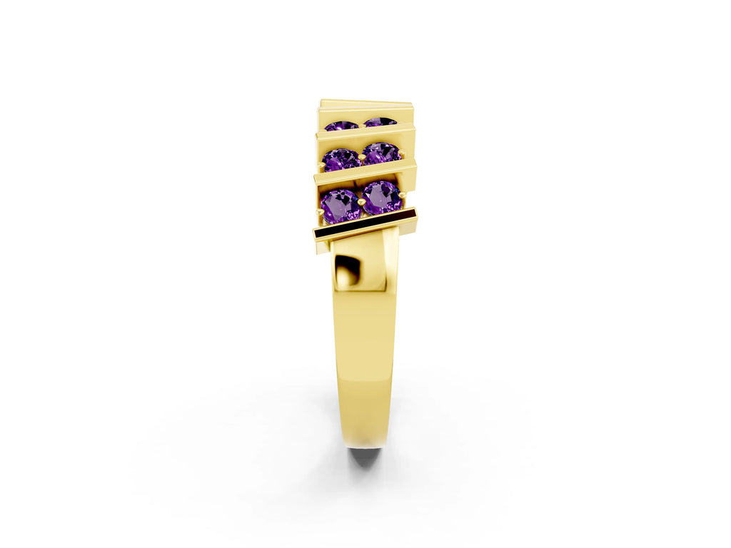 Round Amethyst Anniversary Band in Yellow gold with Channel Setting and Vertical Prongs