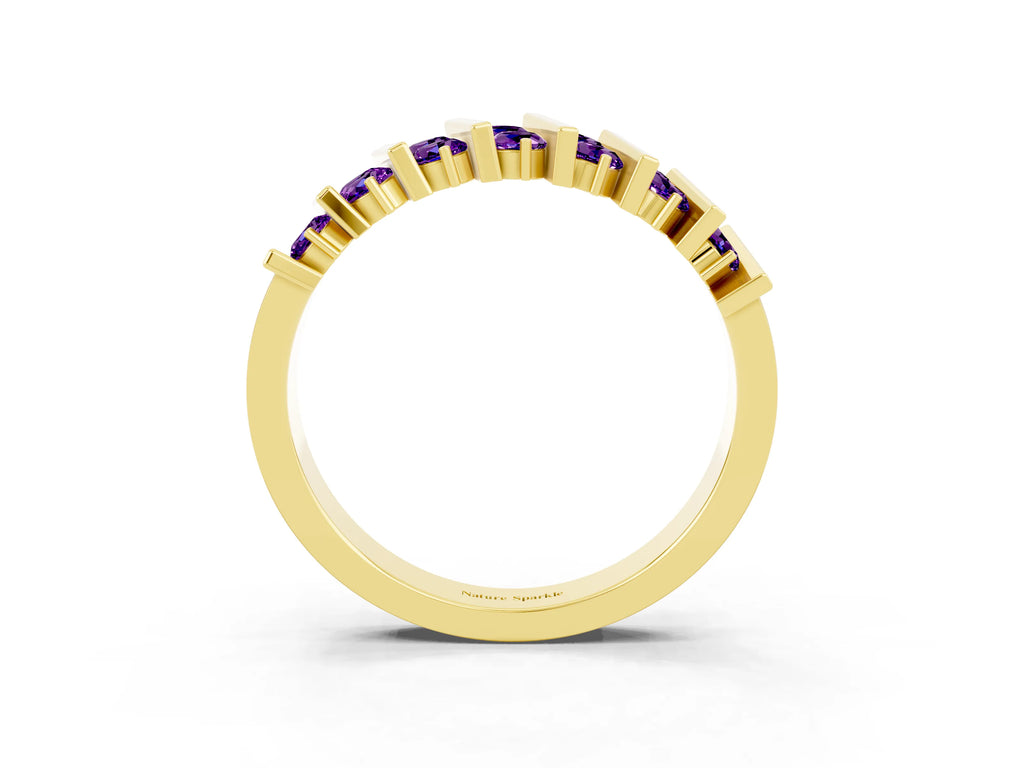 Round Amethyst Anniversary Band in Yellow gold with Channel Setting and Vertical Prongs