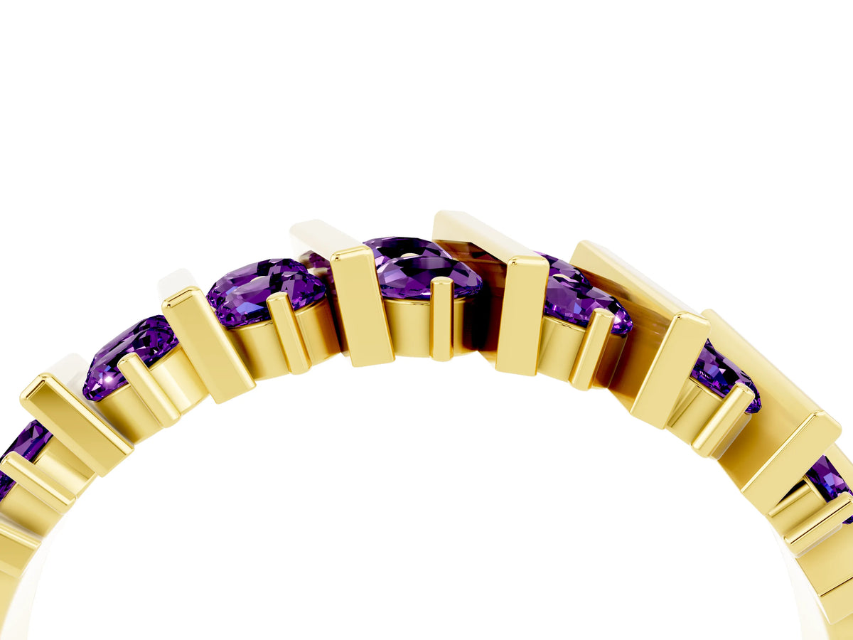 Round Amethyst Anniversary Band in Yellow gold with Channel Setting and Vertical Prongs
