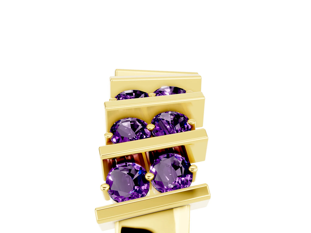 Round Amethyst Anniversary Band in Yellow gold with Channel Setting and Vertical Prongs