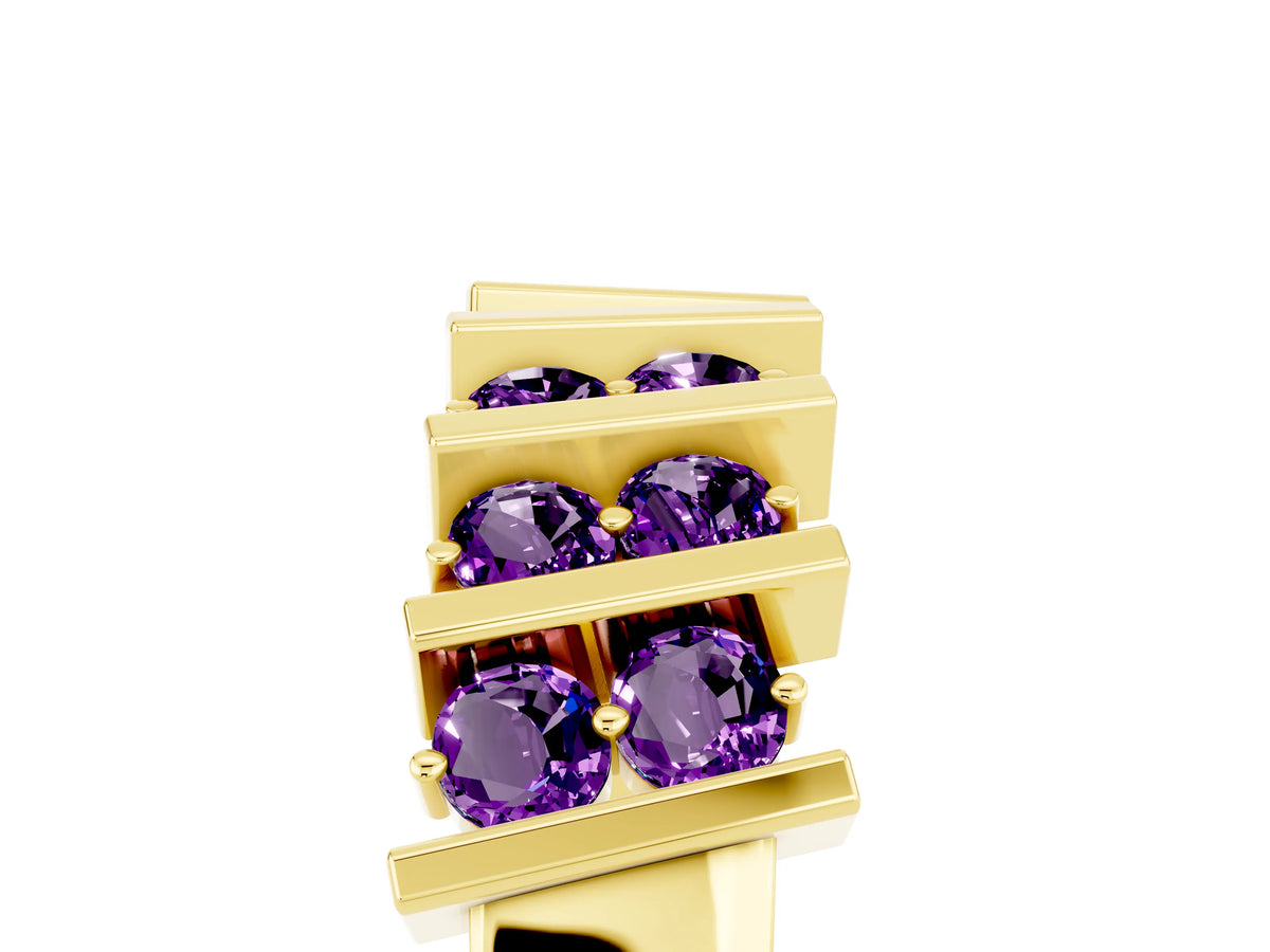 Round Amethyst Anniversary Band in Yellow gold with Channel Setting and Vertical Prongs