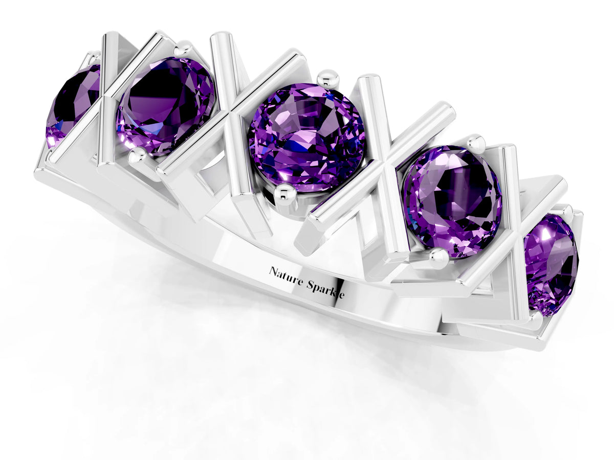 Round Amethyst Channel Set Band in Platinum with X-Prong Detail