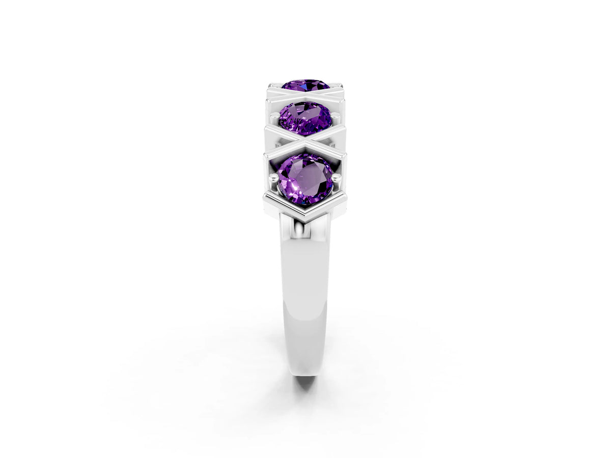 Round Amethyst Channel Set Band in Platinum with X-Prong Detail