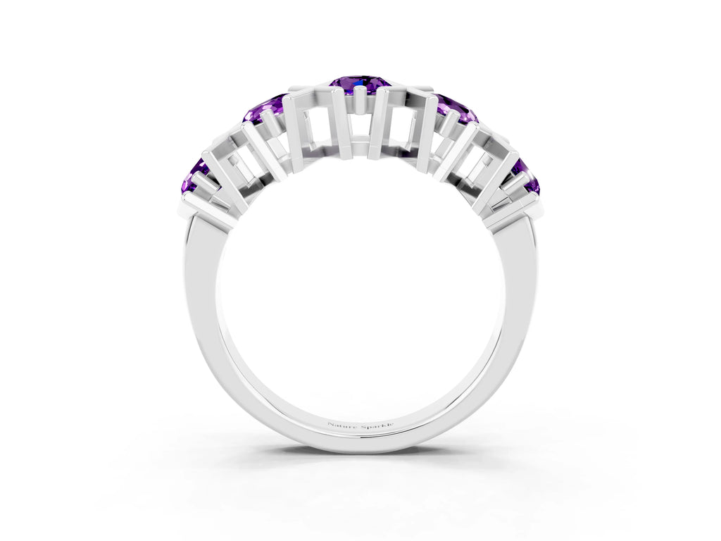 Round Amethyst Channel Set Band in Platinum with X-Prong Detail