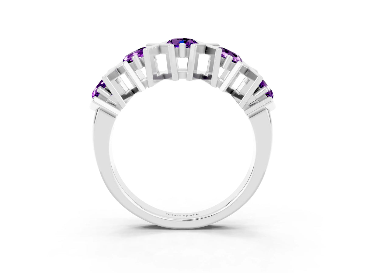 Round Amethyst Channel Set Band in Platinum with X-Prong Detail