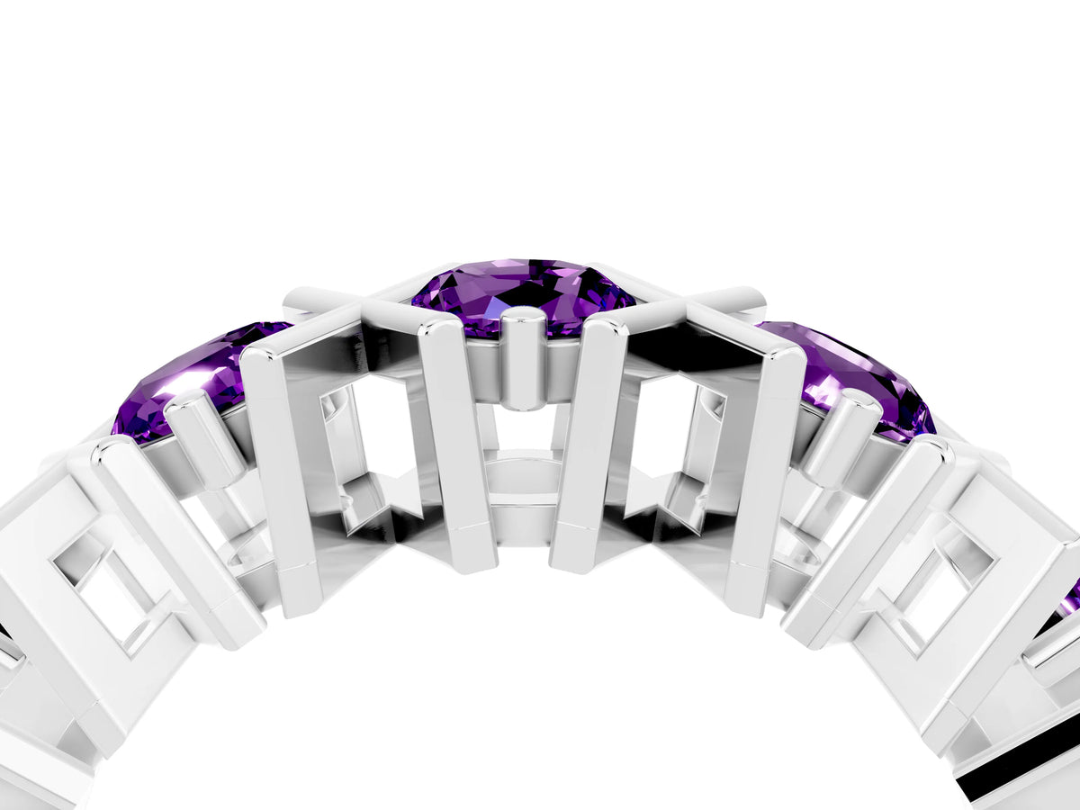 Round Amethyst Channel Set Band in Platinum with X-Prong Detail