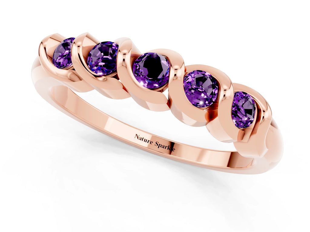 Round Amethyst Eternity Band in Rose gold with Twist Prong Setting