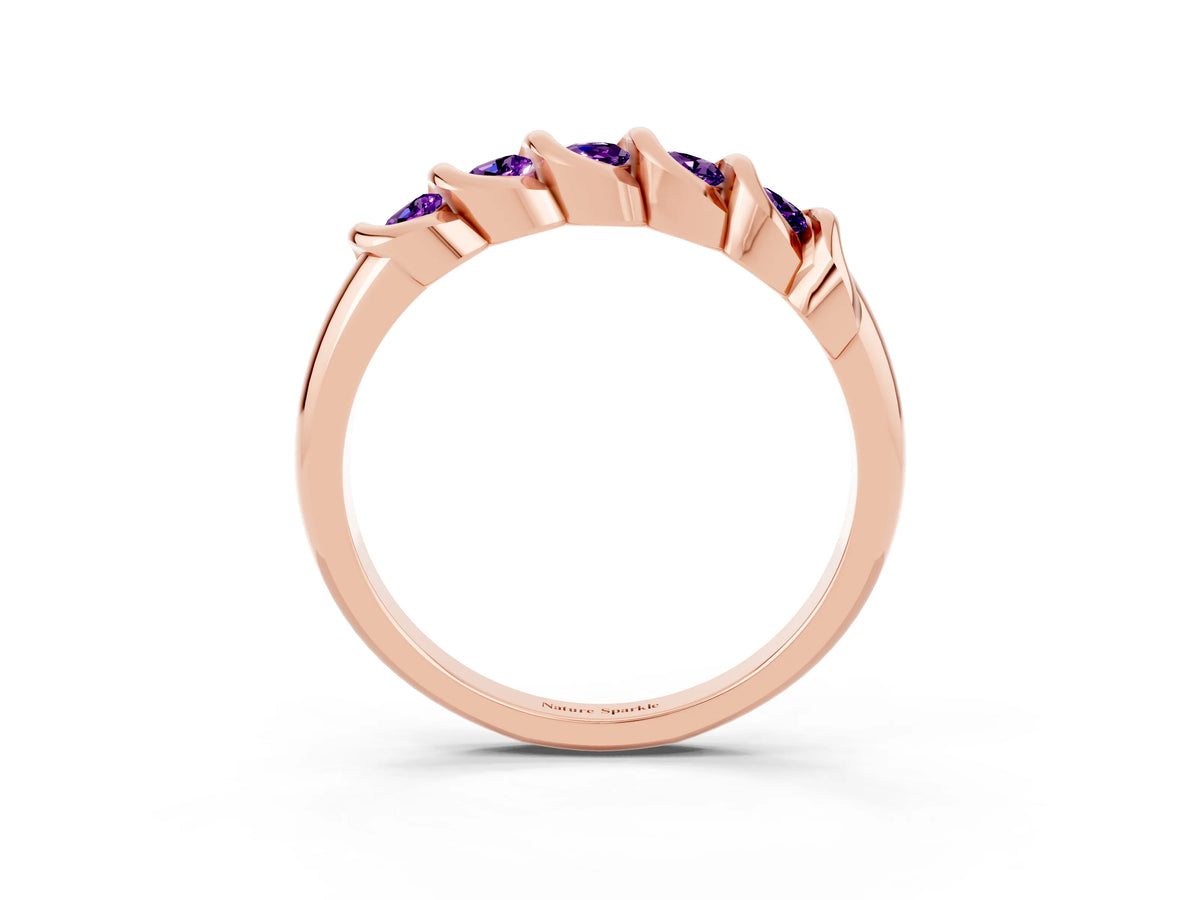 Round Amethyst Eternity Band in Rose gold with Twist Prong Setting