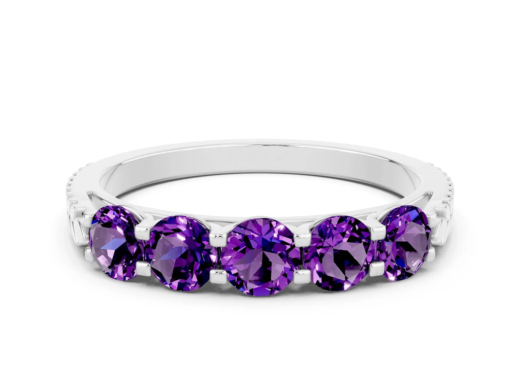 Round Amethyst Five-Stone Band in Silver with Prong Setting 