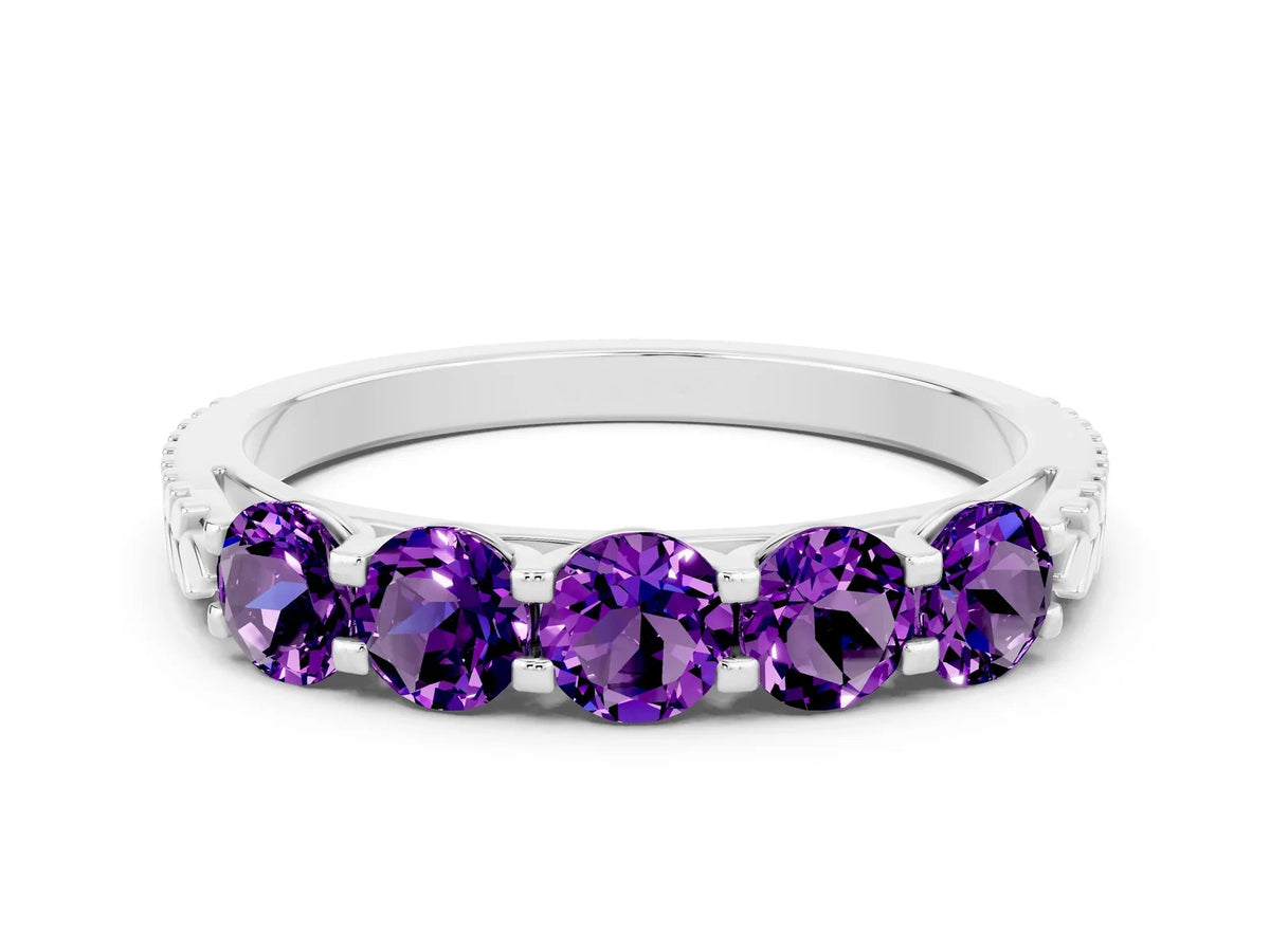 Round Amethyst Five-Stone Band in Silver with Prong Setting 