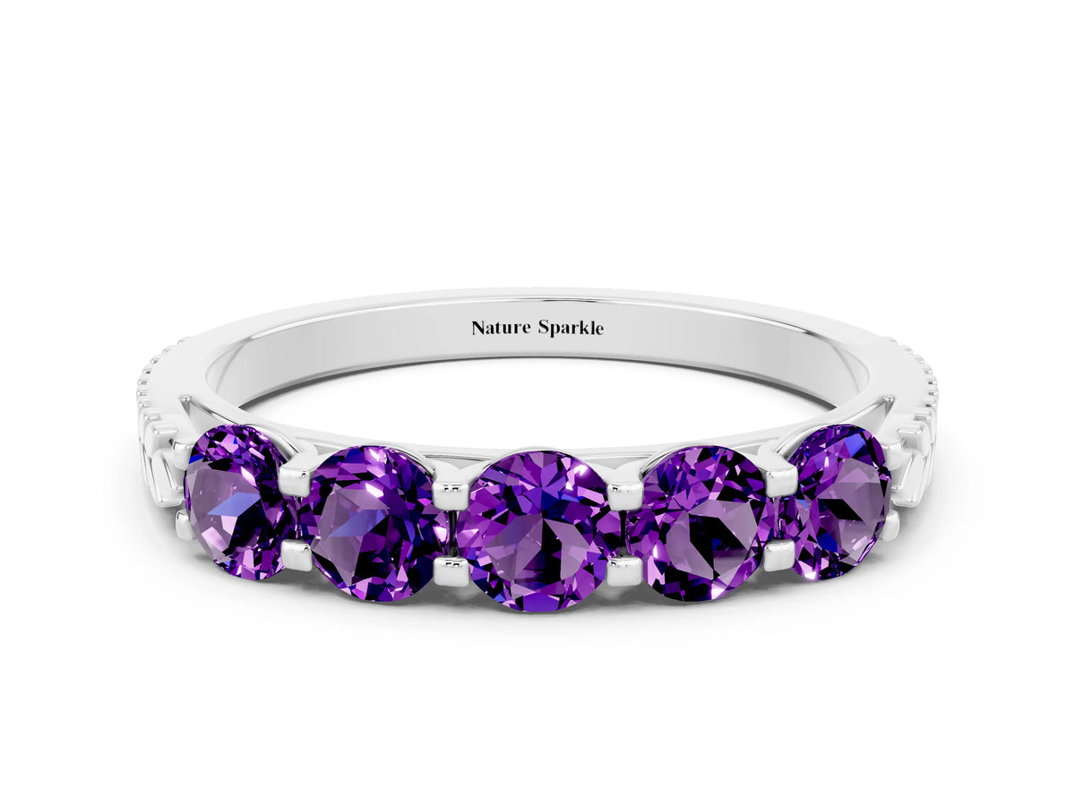 Round Amethyst Five-Stone Band in Silver with Prong Setting