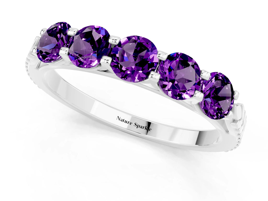 Round Amethyst Five-Stone Band in Silver with Prong Setting