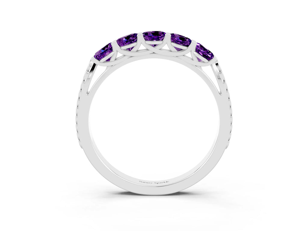 Round Amethyst Five-Stone Band in Silver with Prong Setting