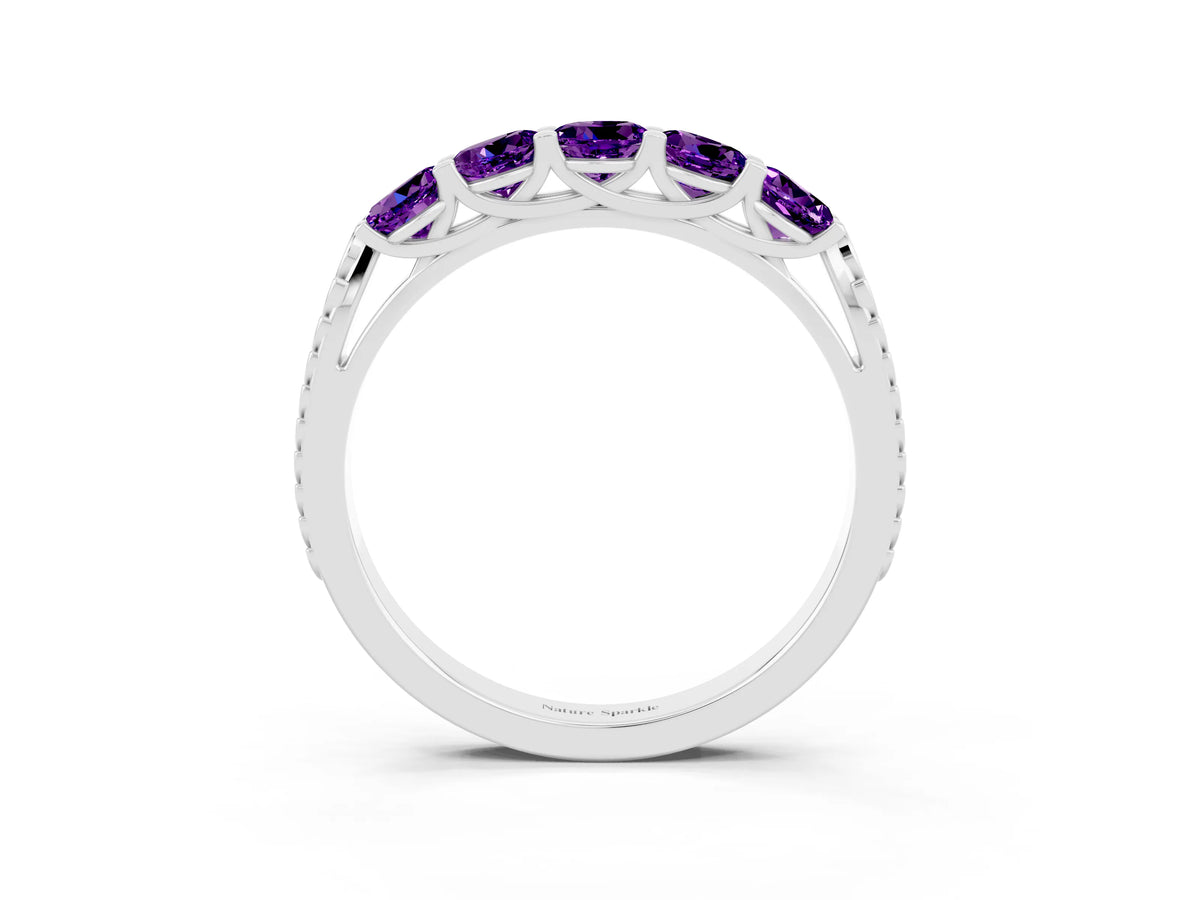 Round Amethyst Five-Stone Band in Silver with Prong Setting