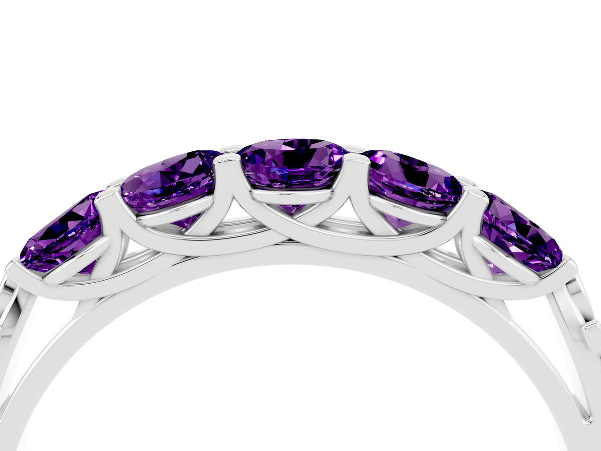 Round Amethyst Five-Stone Band in Silver with Prong Setting