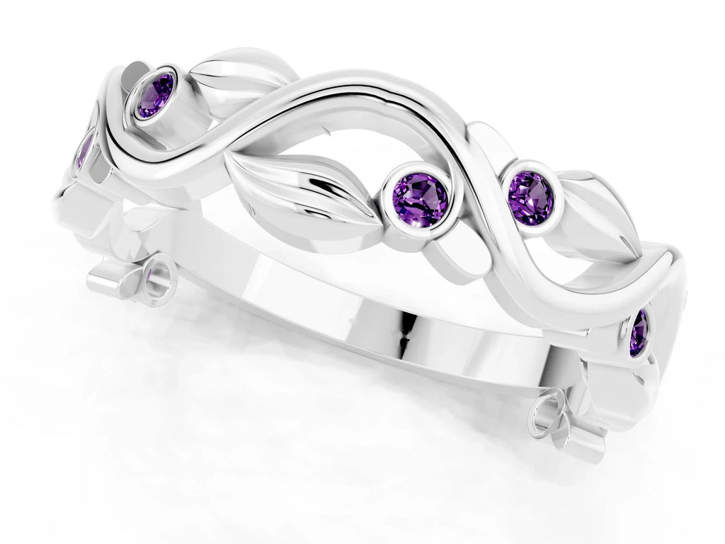Round Amethyst Leaf Motif Eternity Band in Platinum with Bezel Setting 