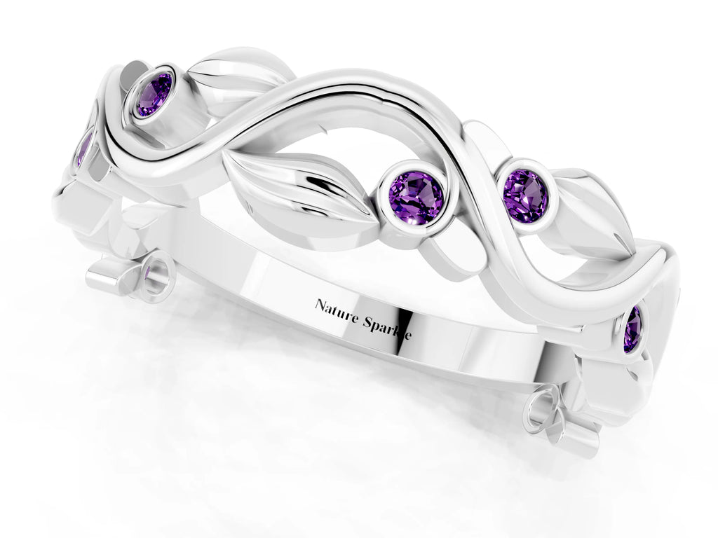 Round Amethyst Leaf Motif Eternity Band in Platinum with Bezel Setting