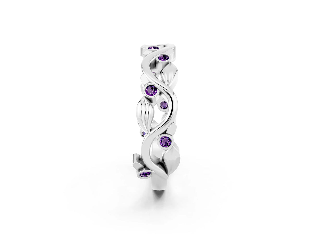 Round Amethyst Leaf Motif Eternity Band in Platinum with Bezel Setting