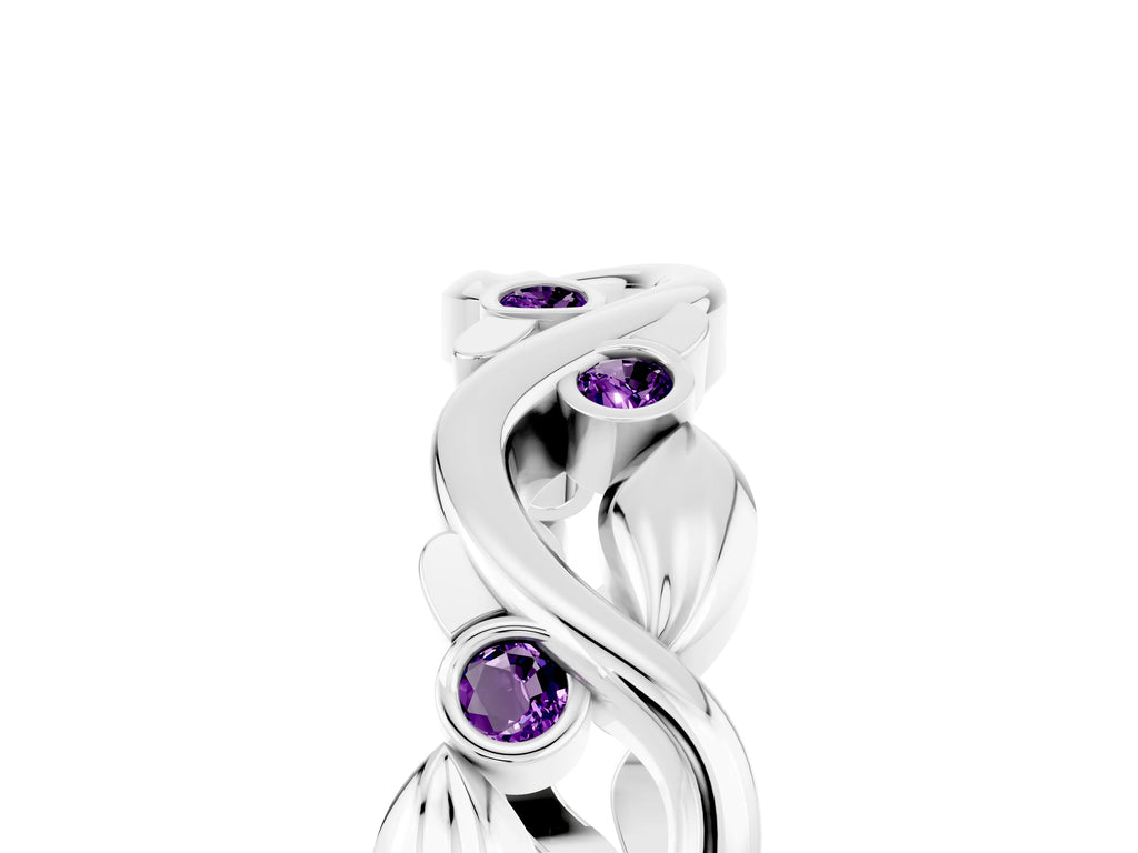 Round Amethyst Leaf Motif Eternity Band in Platinum with Bezel Setting