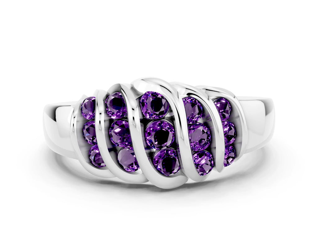Round Amethyst Multi-Row Crossover Band in White gold with Polished Curves