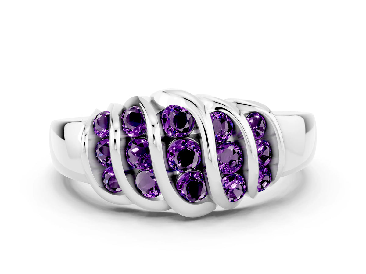 Round Amethyst Multi-Row Crossover Band in White gold with Polished Curves