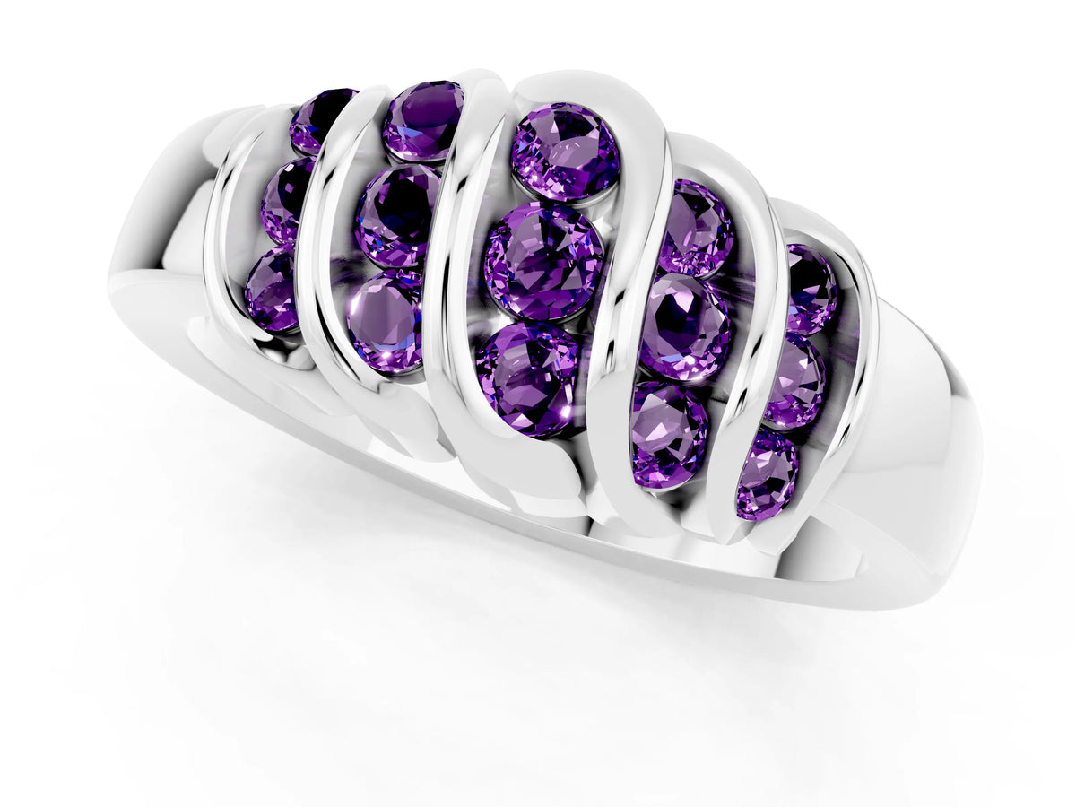Round Amethyst Multi-Row Crossover Band in White gold with Polished Curves