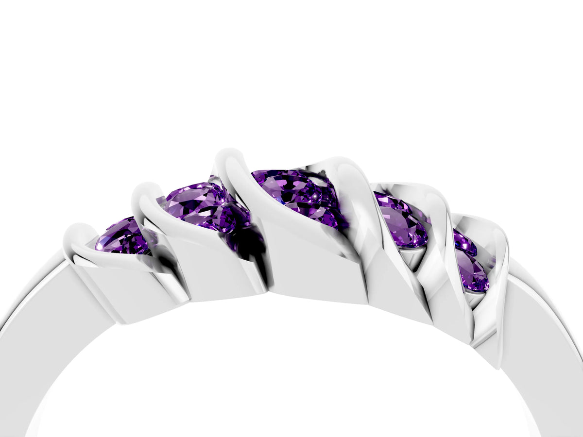 Round Amethyst Multi-Row Crossover Band in White gold with Polished Curves