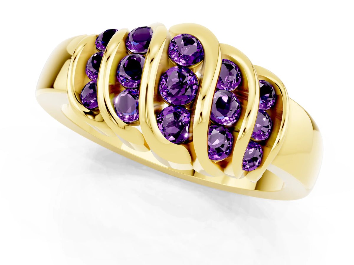 Round Amethyst Multi-Row Crossover Band in Yellow gold with Polished Curves