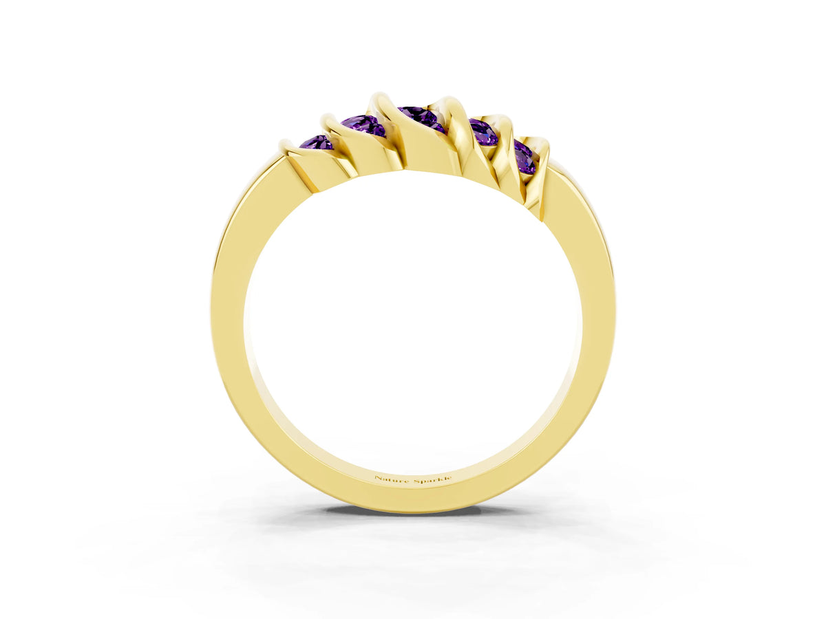 Round Amethyst Multi-Row Crossover Band in Yellow gold with Polished Curves