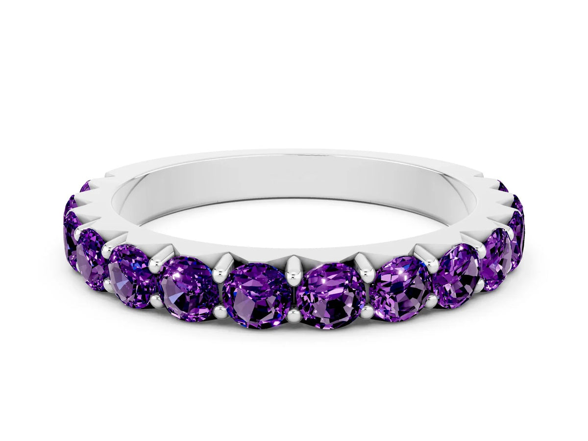 Round Amethyst Polished Half Eternity Band in Silver with Classic Prong Setting 